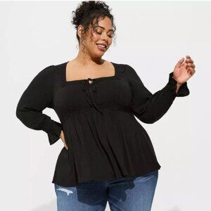 Torrid 3X Babydoll Rayon Slub Lace Trim Long Sleeve Top Black